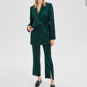 Lattelier Dark Green Tie-Waist Blazer & Front Slit Trousers Set Small